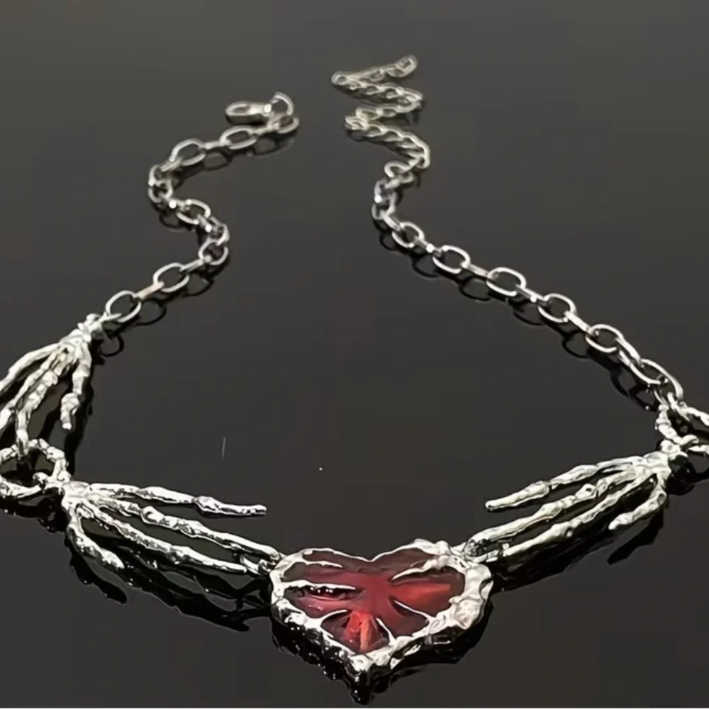 Silver and Red Heart  skeleton hand Necklace